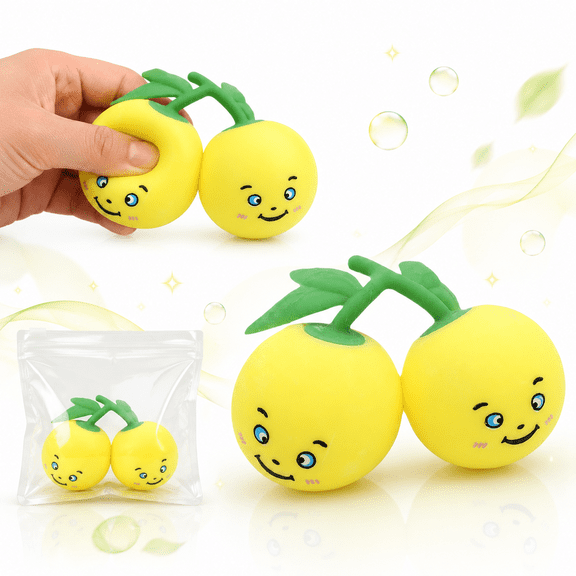 Cute Double Yellow Fruit Squishy Toy, Soft Slow Rebound Squeeze Toy with Smiling Face and Green Leaves, Handheld Fidget Toy for Tactile Play, Desk Decor and Novelty Gift