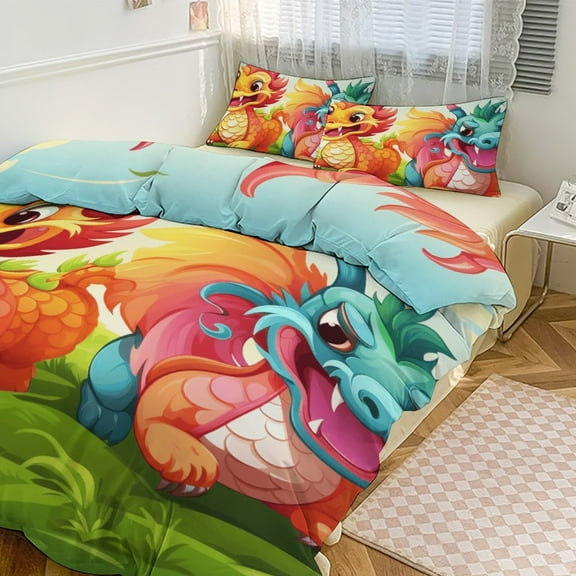 Cute Dragon Baby Bedding Sets Twin Duvet Cover 3 Piece Cute Bed Set for Boys Girls Kid
