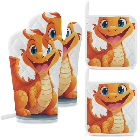 Cute Dragon Baby Oven Mitt And Pot Holder Set Oven Glove for Kitchen Baking Cooking Grilling