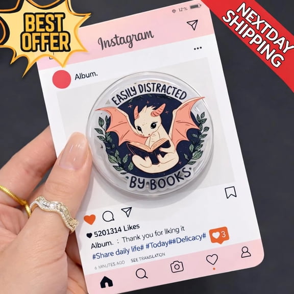 Cute Dragon Book Lover MagSafe Phone Grip, Easily Distracted By Books Magnetic Phone Holder, Fantasy Reader Gift