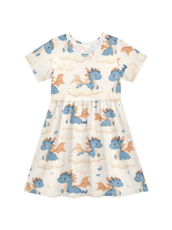 Cute Dragon Cloud Short Sleeve Dress A-Line Cute Midi Casual Sundress 2-8 Years