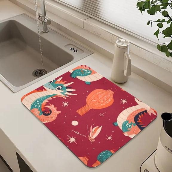 Cute Dragon Dish Drying Mat for Kitchen Counter Absorbent Drainer Mats (15.7X11.8Inch)