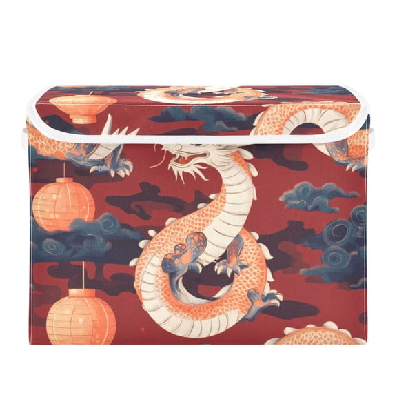 Cute Dragon and Lantern Large Storage Bins with Linen Collapsible Lid Storage Box 16.7 x 12.6 x 11.8in
