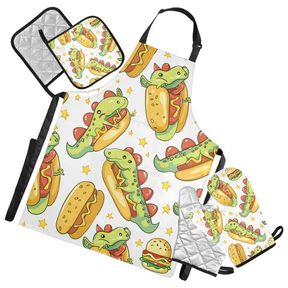 Cute Dragon in Hot Dog 5 Pcs Kitchen Set Heat Resistant Oven Mitts and Non-Slip Pot Holders with Adjustable Cooking Apron