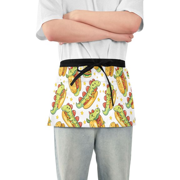 Cute Dragon in Hot Dog Server Apron with 3 Pockets Waterproof Waitress Waist Short Apron for Man Woman 12 Inches