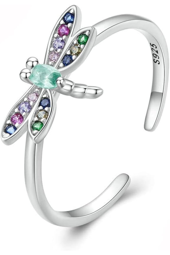 Cute Dragonfly Adjustable Ring 925 Sterling Silver Colorful Cubic Zirconia Stackable Open Finger Band Rings Promise Statement Daughter Birthday Valentine's Day Jewelry Gifts for Women Girlfriend