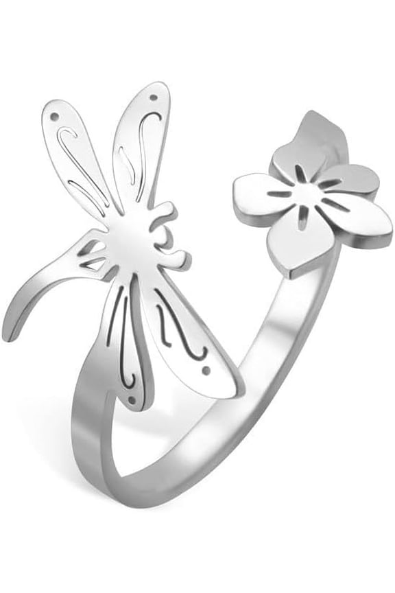 Cute Dragonfly Finger Band Stainless Steel Flying Elves Rings Open Adjustable Wrap Flower Insects Stackable Eternity Promise Statement Ring Comfort Fit Fashion Charming Jewelry for Women Ladies