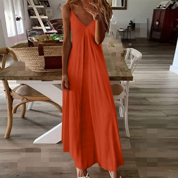 Cute Dresses For Women Fashion Women's Summer Casual V-Neck Camis Sleeveless Solid Beach Sundresses Boho Dresses Orange L