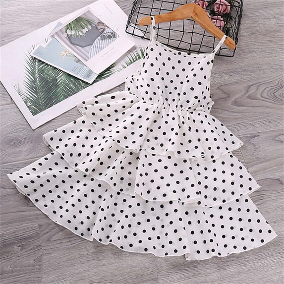Cute Dresses for Girls Size 3-12 Toddlers Kids Spaghetti Strap Layered A-Line Elastic High Waisted Polka Dot Printed Birthday Party Midi Dress