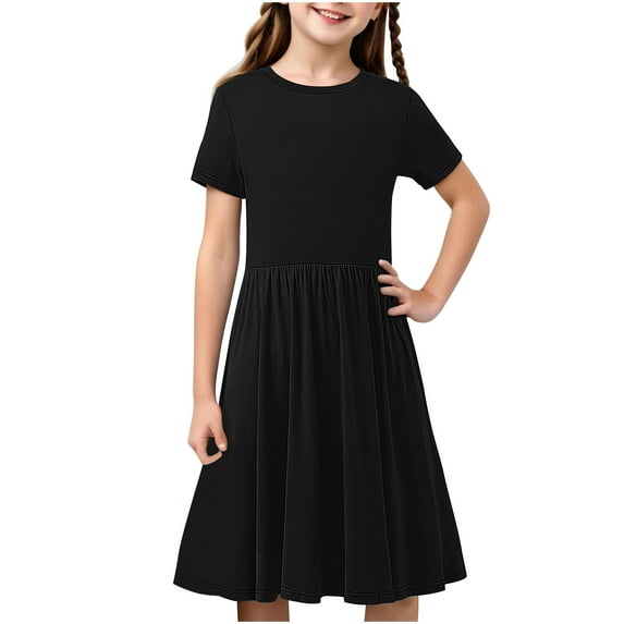 Cute Dresses for Girls Summer Toddler Girl T-Shirt Dresses Summer Crew Neck Short Sleeve Midi Dresses Casual Solid Color Loose Flowy A-Line Beach Sundress New Black 4T