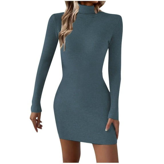 Cute Dresses Women's Turtleneck Ribbed Knit Dress Long Sleeve Slim Fitting Sweater Dress Bodycon Mini Dresses Night Dress for Women S-118 Blue XL