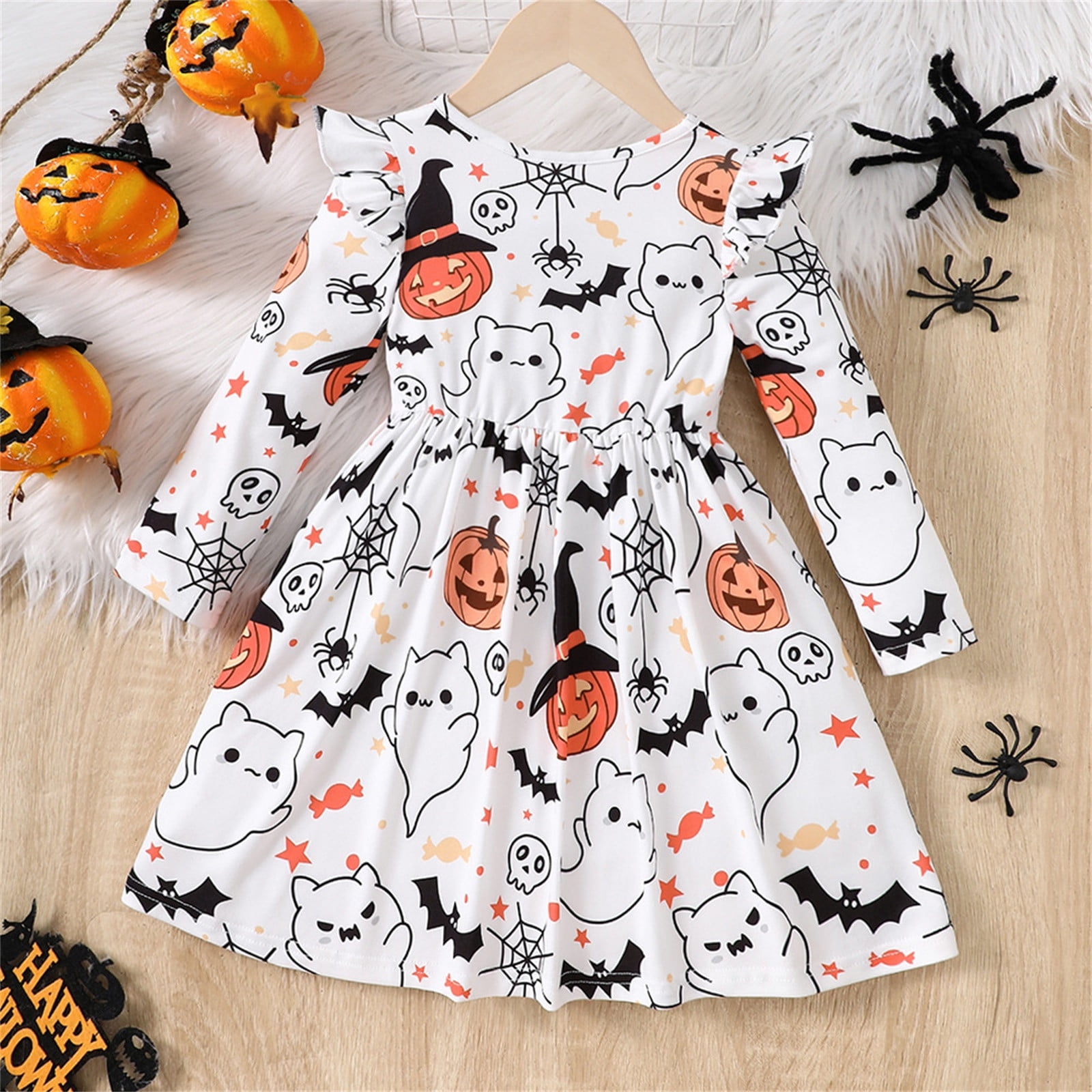 Cute Dresses for Girls Girl Dress White Halloween Halloween Print Long Sleeves Dresses 6Y