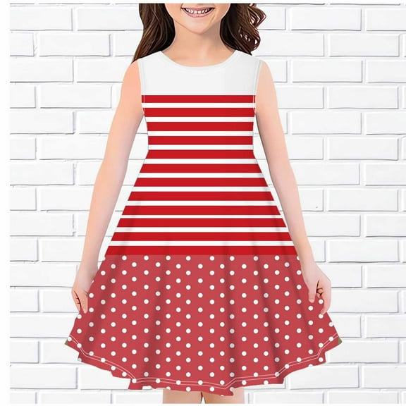 Cute Dresses for Girls Size 4-14 Sleeveless A-Line Sundresses Teens Kids Trendy Stripe Polka Dot Printed Crewneck Pullover Midi Dress