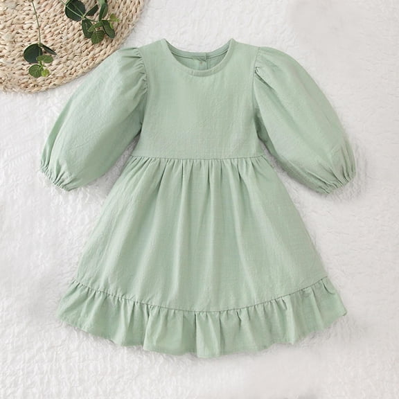 Cute Dresses for Little Girls Cotton Linen Size 1-6 Toddlers Kids Lightweight Long Lantern-Sleeve Crewneck Solid A-Line Dress