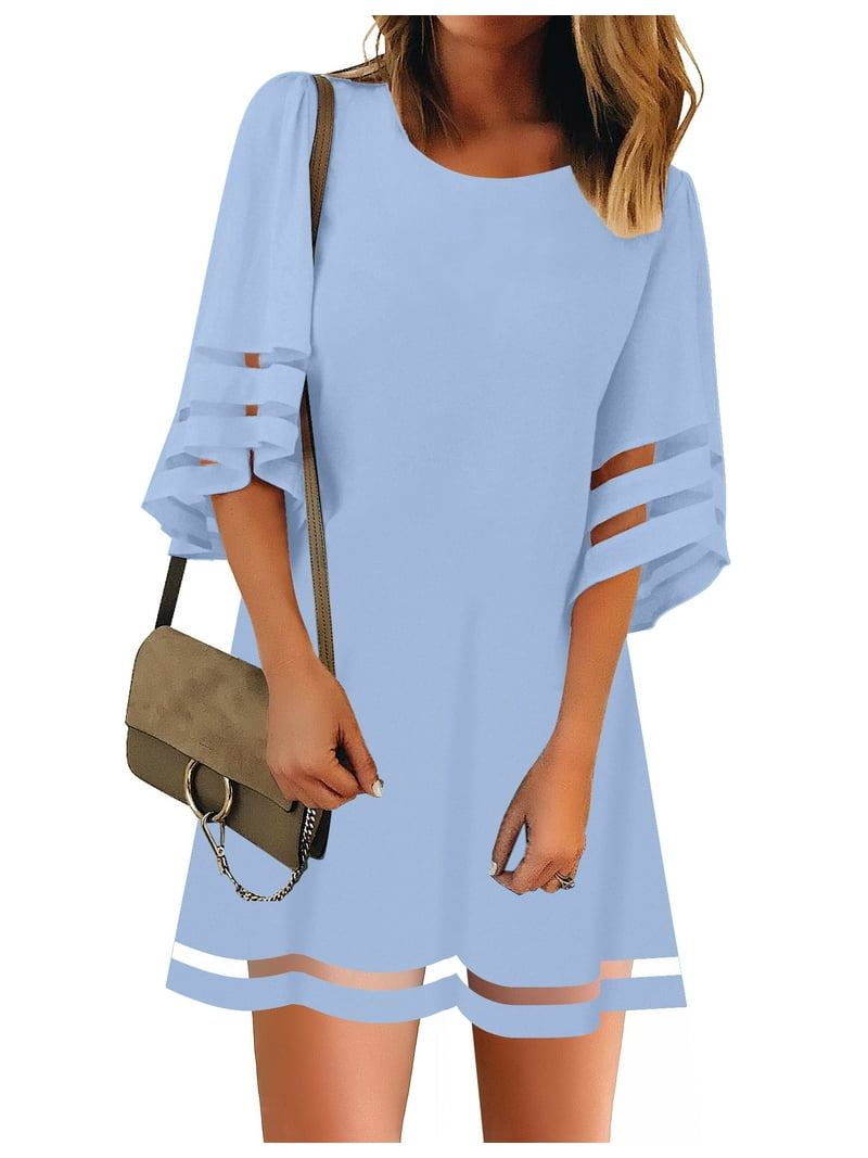 Cute Dresses for Women Casual Crewneck 3/4 Bell Sleeve Dress Powder Blue  Size L - Walmart.com