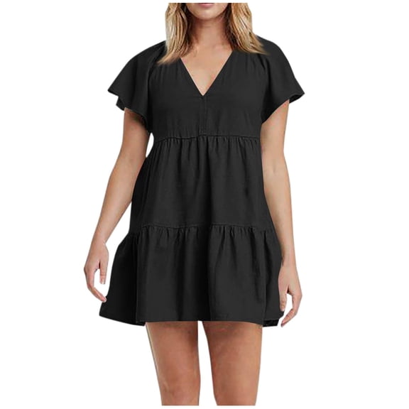 Cute Dresses for Women Solid Color V-Neck Casual Ruffle Sleeve Pleated Tiered Loose Peplum Pullover Girls Basic Comfy Short Mini Dress