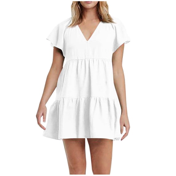 Cute Dresses for Women Solid Color V-Neck Casual Ruffle Sleeve Pleated Tiered Loose Peplum Pullover Girls Basic Comfy Short Mini Dress