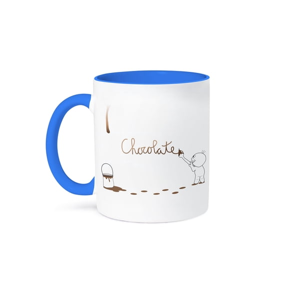 3dRose, Cute Drip Guy Writing Chocolate with Brush and Fake Brown Chocolate Paint Droplet - fun faux stain, 15oz Two-Tone Blue Mug