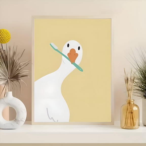 Cute Duck Bathroom Wall Art Poster Funny Bath Brush Illustration Light Yellow Background Minimalist Print for Bathroom Kids Room Office, UNFRAMED 8x12