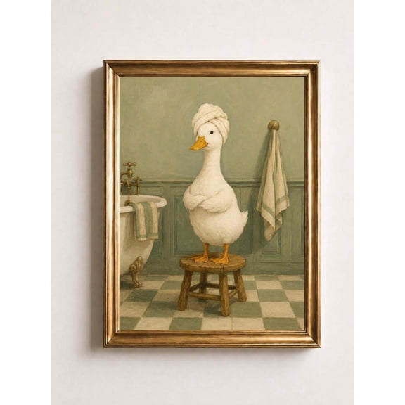Cute Duck in Bathroom Wall Art Print, Vintage Painting Duck with Towel on Head, Funny Bathroom Decor, Green Retro Bath Room Poster, Unframed Canvas Wall Art