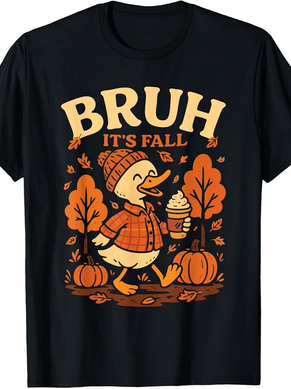 Cute Duck Bruh It's Fall Autumn Pumpkin Coffee Graphic Vintage Retro Unisex Casual Halloween Thanksgiving Gift Cotton Men's Women's Tee Shirt