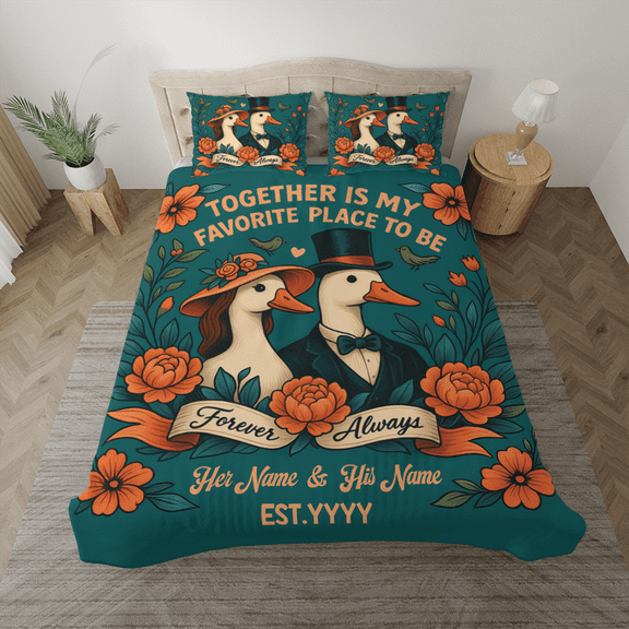 Cute Duck Couple "Together Is My Favorite Place To Be" Bedding Set –Romantic Duvet Cover & Pillowcases for Couples, Personalized Bedroom Decor, Valentine's Day, Wedding Anniversary Gift