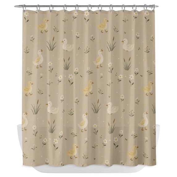 Cute Duck Daisy Shower Curtain - Water Repellent Fabric Shower Curtains Washable, Summer Spring Floral Sage Beige Decorative Polyester Cloth Bathroom Curtains Modern Bath Decor 72"x84"