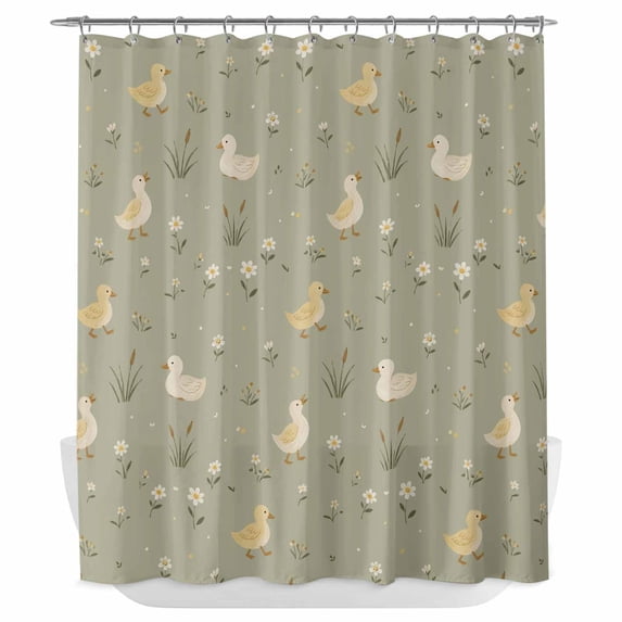 Cute Duck Daisy Shower Curtain - Water Repellent Fabric Shower Curtains Washable, Summer Spring Floral Sage Green Decorative Polyester Cloth Bathroom Curtains Modern Bath Decor 72"x84"