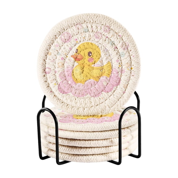 Cute Duck Dreamy Bubble Bath Drinking Coasters Cup Mat with Holder for Kitchen Cafe Bar 6 Packs