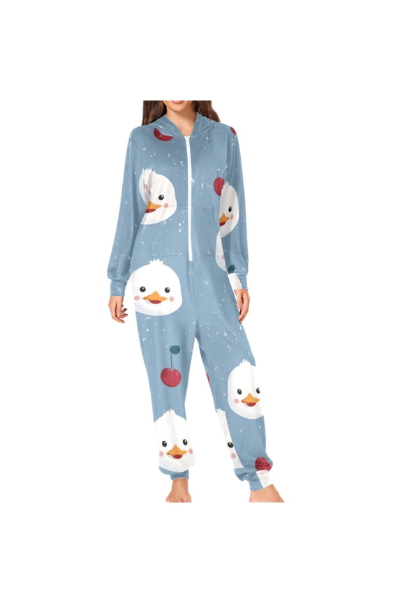 Cute Duck Faces Cherries Adult's Hoodie Onesie Jumpsuit One-Piece Pajamas with Zipper Unisex for Holiday M