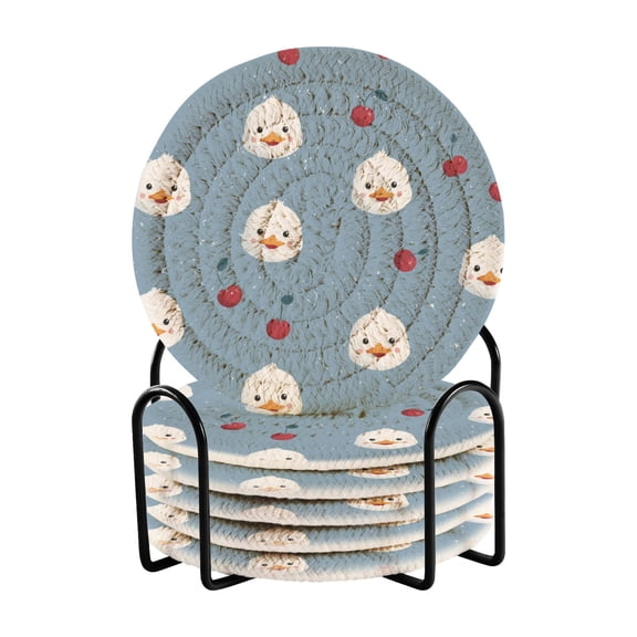 Cute Duck Faces Cherries Drinking Coasters Cup Mat with Holder for Kitchen Cafe Bar 6 Packs