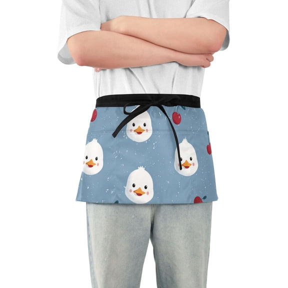 Cute Duck Faces Cherries Short Server Apron with 3 Pockets for Unisex Chef Gardening