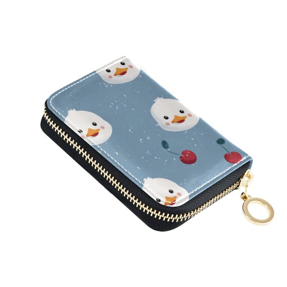 Cute Duck Faces Cherries Women's Credit Card Holder PU Leather Zipper Wallet RFID Blocking