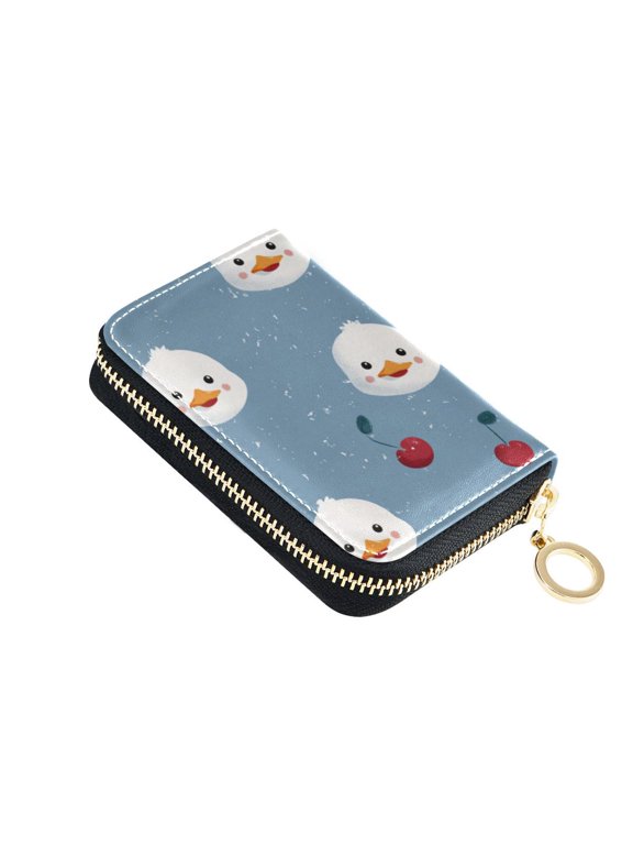 Cute Duck Faces Cherries Women's Credit Card Holder PU Leather Zipper Wallet RFID Blocking