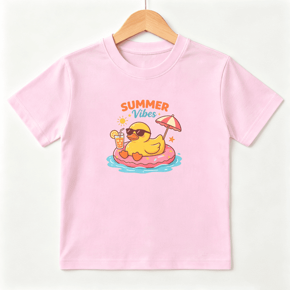 Cute Duck Float Girls Graphic Tee Summer Pool Party Vacation 100% Cotton Kids Short Sleeve T-Shirt 4-13Y