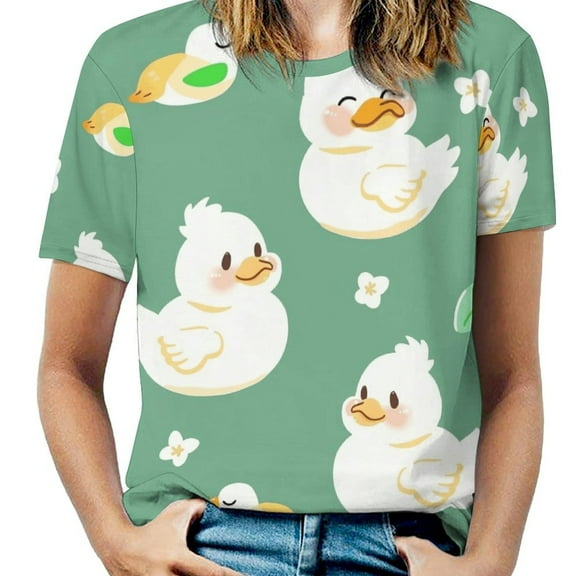 Cute Duck Floral Print Womens Tops Women's Fashion Casual Short Sleeve Flower Print Round Neck Pullover Top Blouse