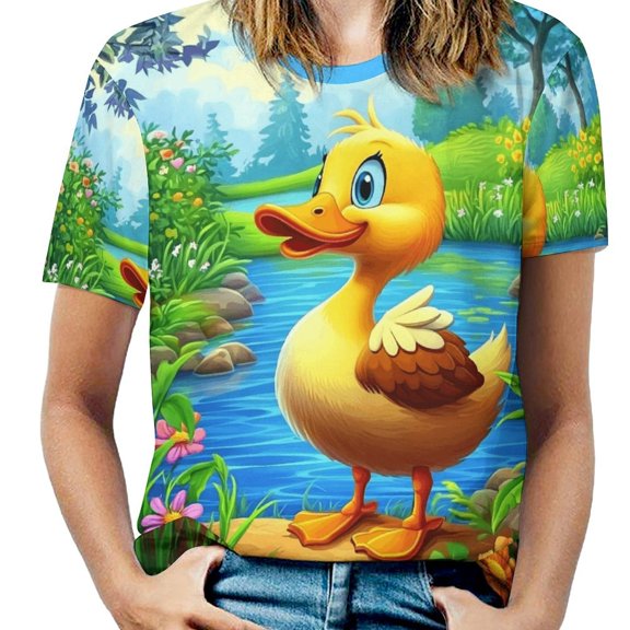 Cute Duck Garden Scene Womens Tops Women's Fashion Casual Short Sleeve Flower Print Round Neck Pullover Top Blouse