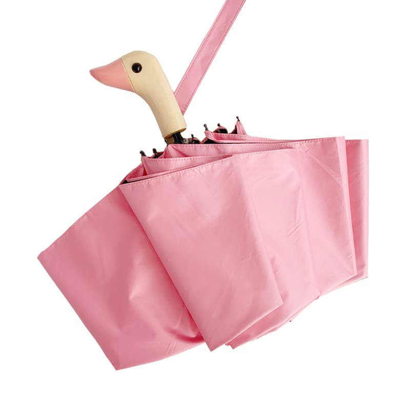 Cute Duck Head Wooden Handle Folding Umbrella for Sun and Rain Protection