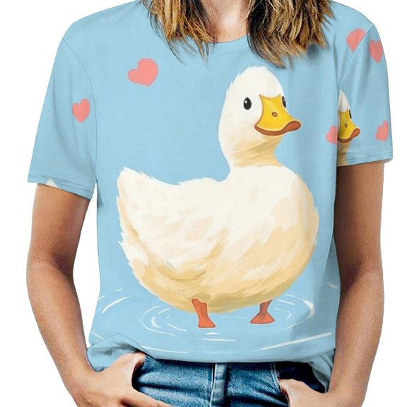 Cute Duck Hearts Blue Women's Short Sleeve T-Shirt Crew Neck Casual Summer Trendy Loose Fit Tops