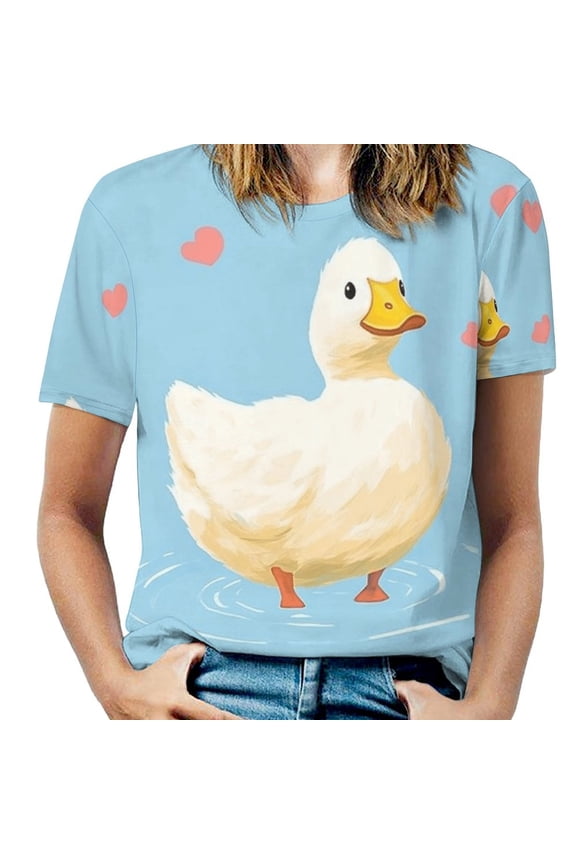 Cute Duck Hearts Blue Women's Short Sleeve T-Shirt Crew Neck Casual Summer Trendy Loose Fit Tops
