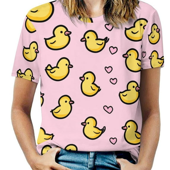 Cute Duck Hearts Pink Womens Tops Women's Fashion Casual Short Sleeve Flower Print Round Neck Pullover Top Blouse