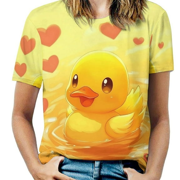 Cute Duck Hearts Yellow Women's T-Shirt Short Sleeve T Shirts Tops Tee Ladies Loose T