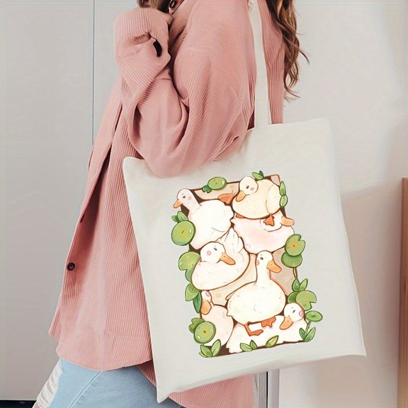 Cute Duck Pattern Tote Bag, Flower Print Canvas Handbag For Daily Commuting, Large Shopping Spring Print Shoulder Bag