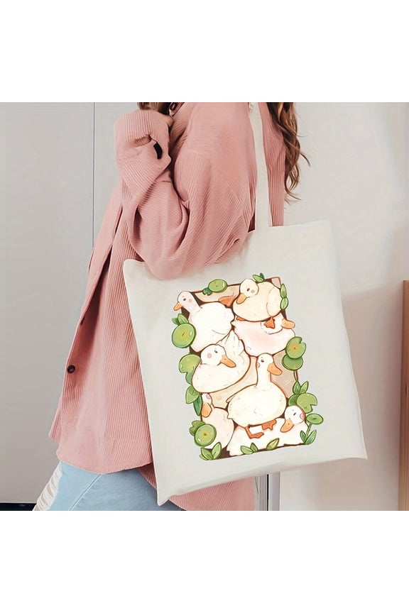 Cute Duck Pattern Tote Bag, Flower Print Canvas Handbag For Daily Commuting, Large Shopping Spring Print Shoulder Bag