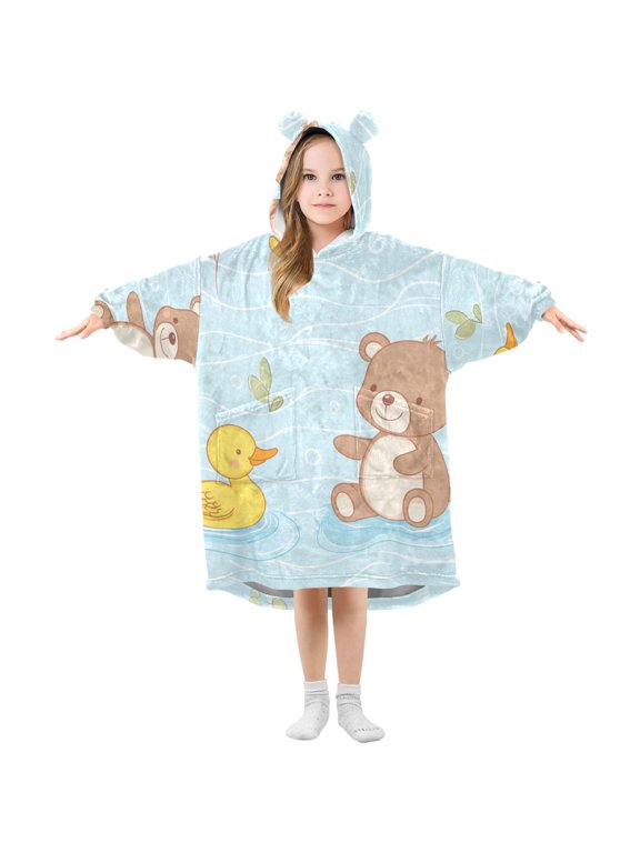 Cute Duck Play with Bear in Water Flannel Wearable Blankets Hooded Design Long Sleeves Wrap Unisex for 3T-14Y S