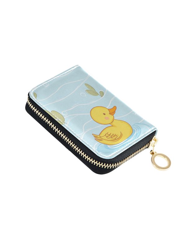 Cute Duck Play with Bear in Water Women's Credit Card Holder PU Leather Zipper Wallet RFID Blocking