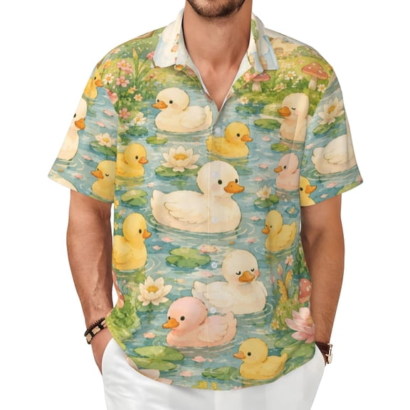 Cute Duck Pond Men's Shirts Short-Sleeved with All-Over Prints Button-Up Shirts