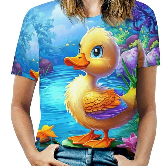 Cute Duck Pond Scene Women's T-Shirt Short Sleeve T Shirts Tops Tee Ladies Loose T