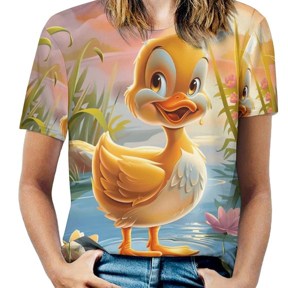 Cute Duck Pond Sunset Women's Short Sleeve T-Shirt Crew Neck Casual Summer Trendy Loose Fit Tops