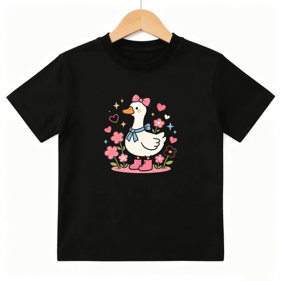 Cute Duck Rainboots Girls Graphic Tee, Pink Heart Flower 100% Cotton Kids Short Sleeve T-Shirt